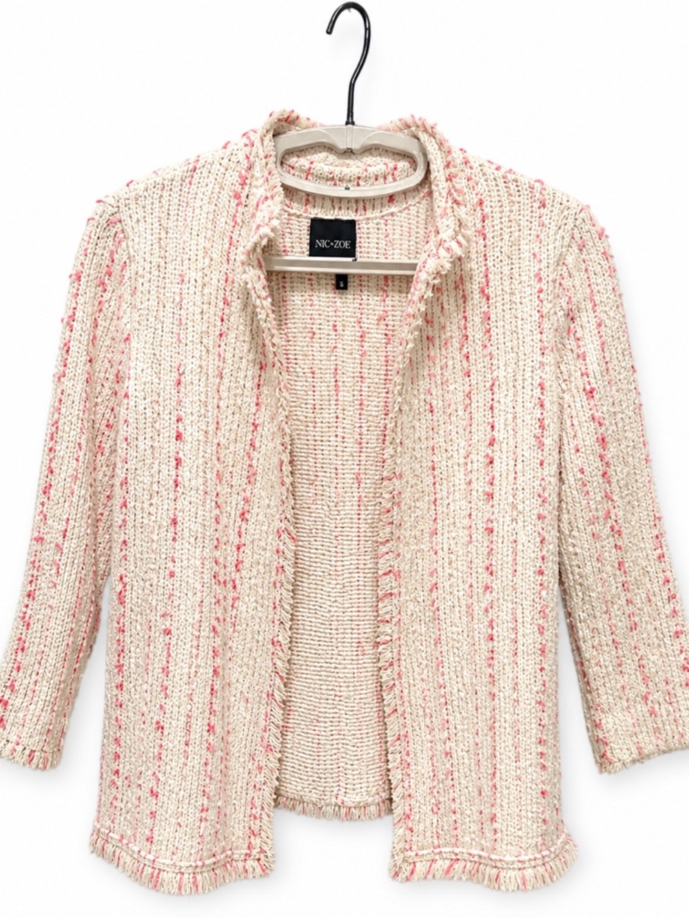 NIC+ZOE Fringe Knit Open Cardigan Neutral Pink Speckled